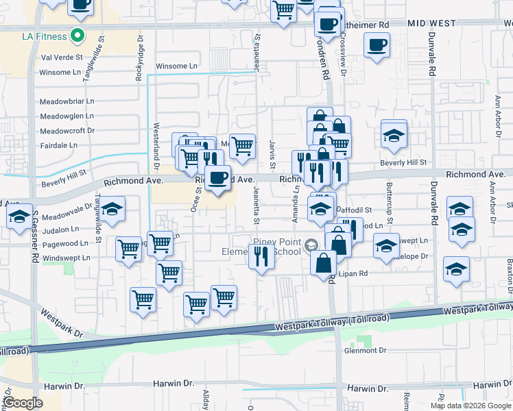 map of restaurants, bars, coffee shops, grocery stores, and more near 3708 Jeanetta Street in Houston