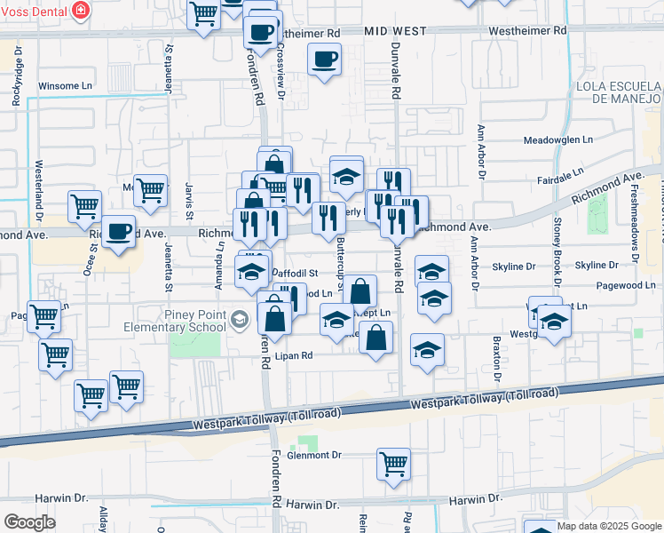 map of restaurants, bars, coffee shops, grocery stores, and more near 3404 Buttercup Street in Houston