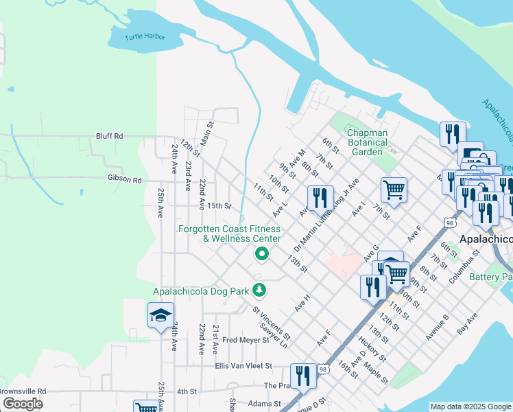 map of restaurants, bars, coffee shops, grocery stores, and more near 224 12th Street in Apalachicola