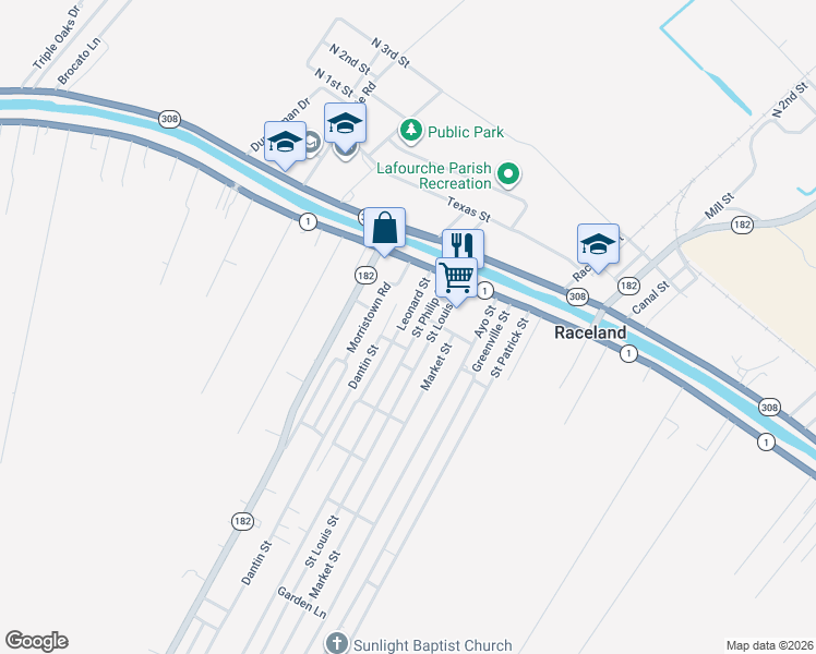 map of restaurants, bars, coffee shops, grocery stores, and more near 163 Saint Philip Street in Raceland