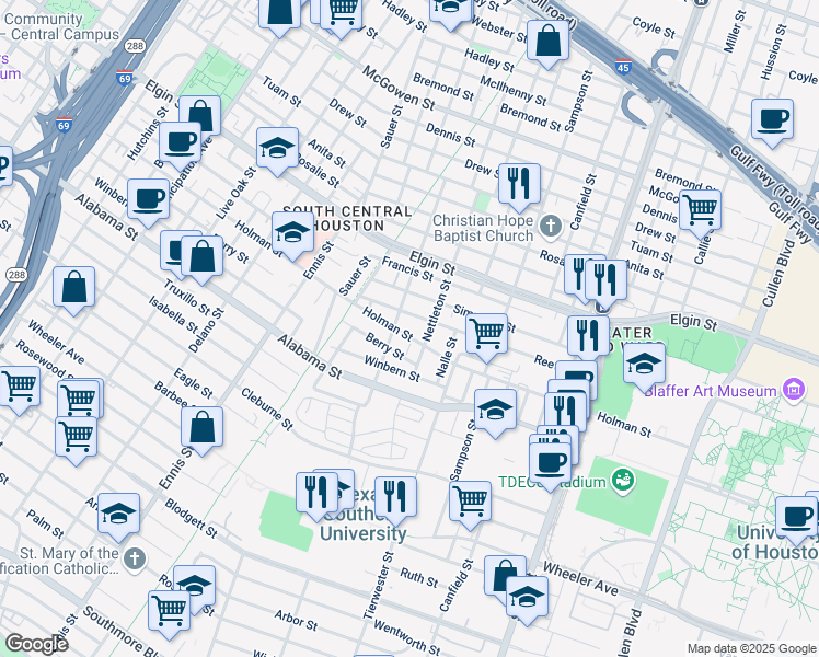 map of restaurants, bars, coffee shops, grocery stores, and more near 3263 Berry Street in Houston