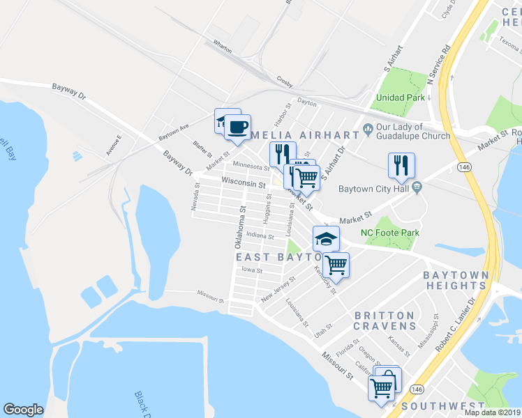 map of restaurants, bars, coffee shops, grocery stores, and more near 3202 Michigan Street in Baytown