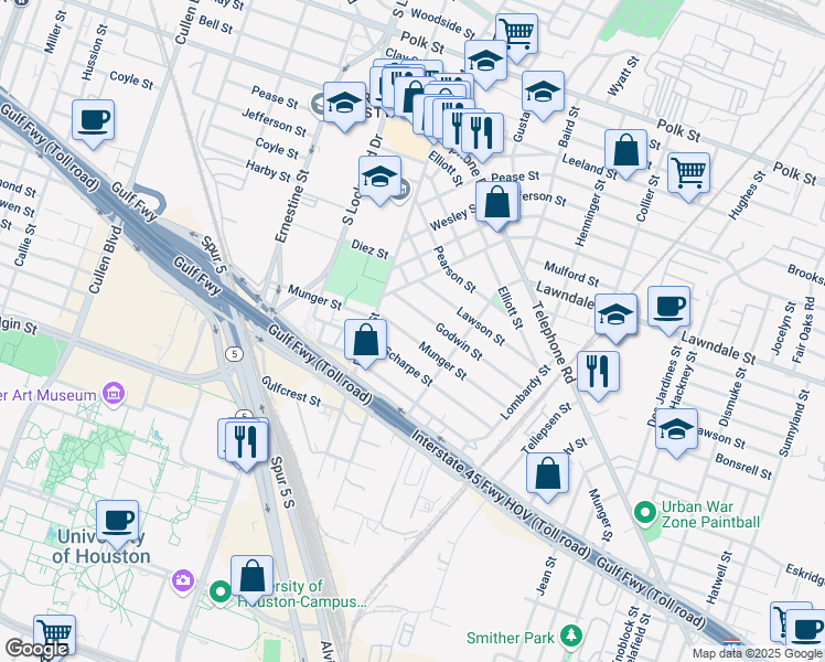 map of restaurants, bars, coffee shops, grocery stores, and more near 1442 Munger Street in Houston