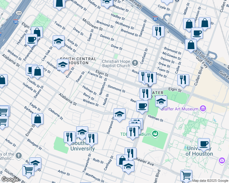 map of restaurants, bars, coffee shops, grocery stores, and more near 3346 Reeves Street in Houston