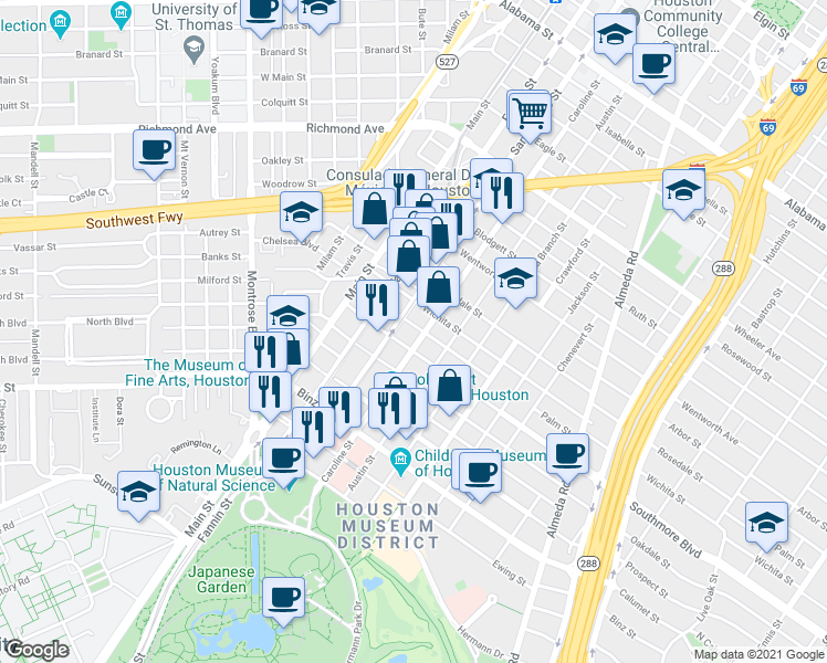 map of restaurants, bars, coffee shops, grocery stores, and more near 1220 Southmore Boulevard in Houston