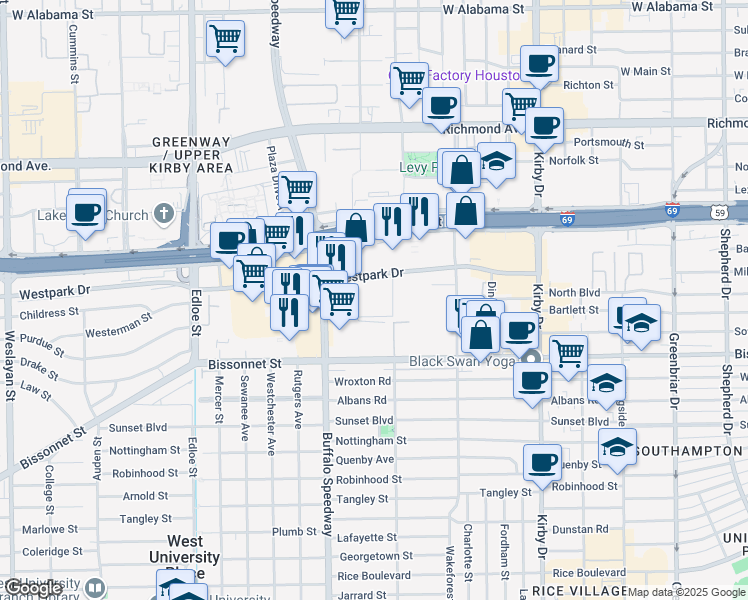 map of restaurants, bars, coffee shops, grocery stores, and more near 5151 Buffalo Speedway in Houston