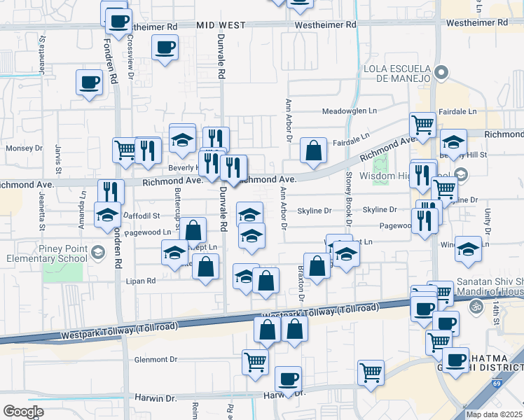 map of restaurants, bars, coffee shops, grocery stores, and more near 3514 Ann Arbor Drive in Houston