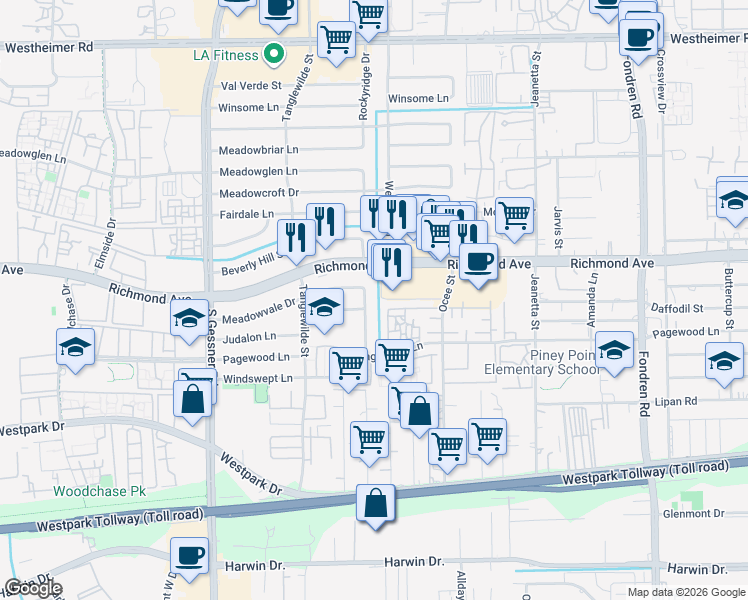 map of restaurants, bars, coffee shops, grocery stores, and more near 3403 Rockyridge Drive in Houston