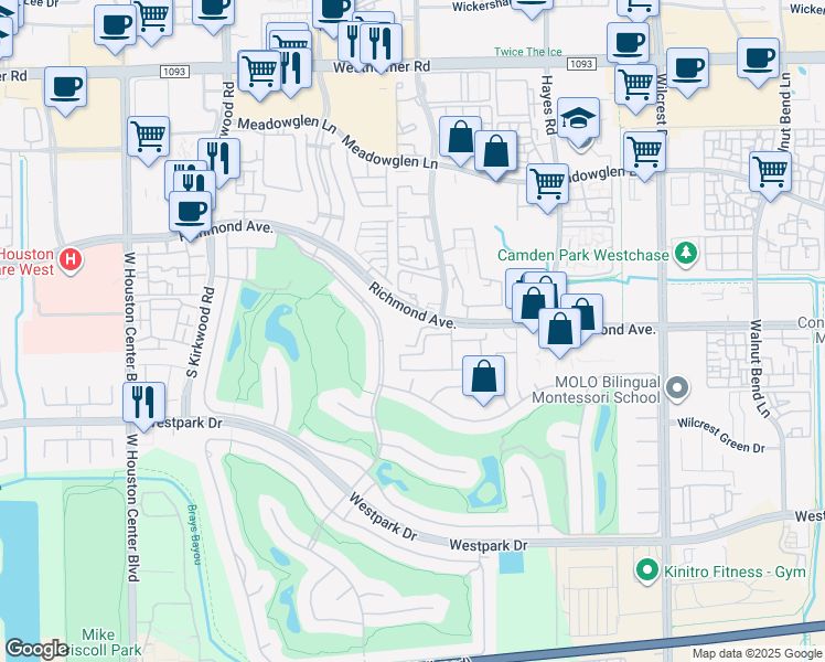 map of restaurants, bars, coffee shops, grocery stores, and more near 11395 Richmond Avenue in Houston