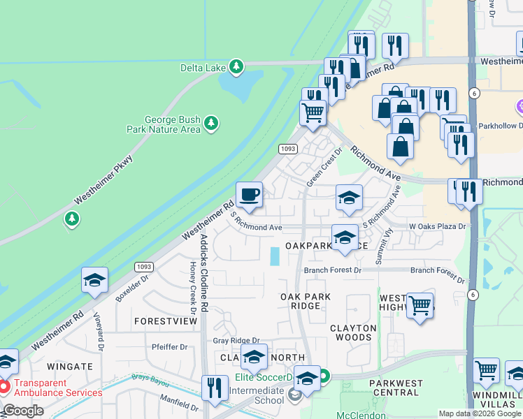 map of restaurants, bars, coffee shops, grocery stores, and more near 15211 Leila Bend Drive in Houston