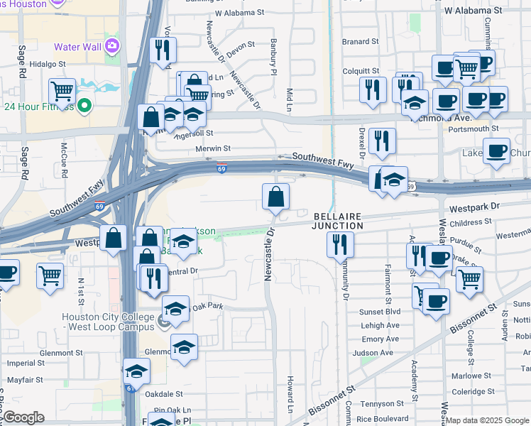 map of restaurants, bars, coffee shops, grocery stores, and more near in Houston