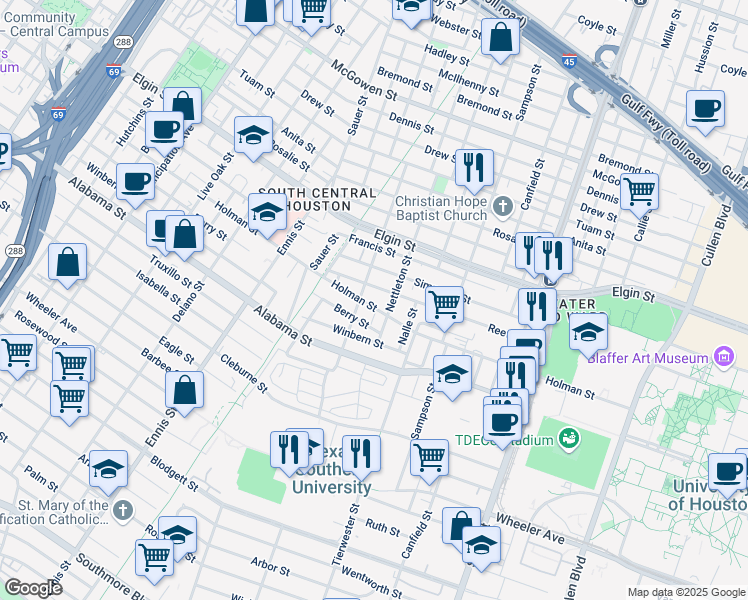 map of restaurants, bars, coffee shops, grocery stores, and more near 3257 Holman Street in Houston