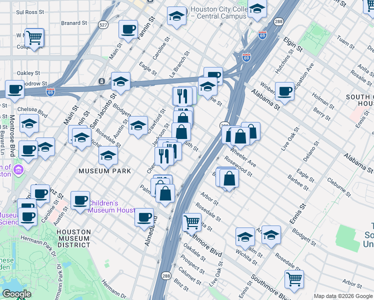 map of restaurants, bars, coffee shops, grocery stores, and more near 2004 Blodgett Street in Houston