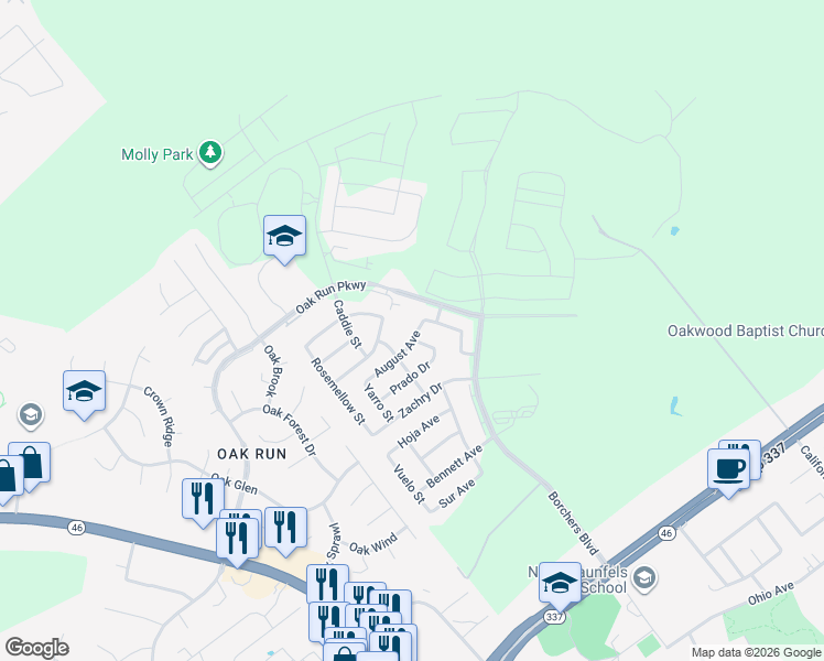 map of restaurants, bars, coffee shops, grocery stores, and more near 2179 Texas Avenue in New Braunfels