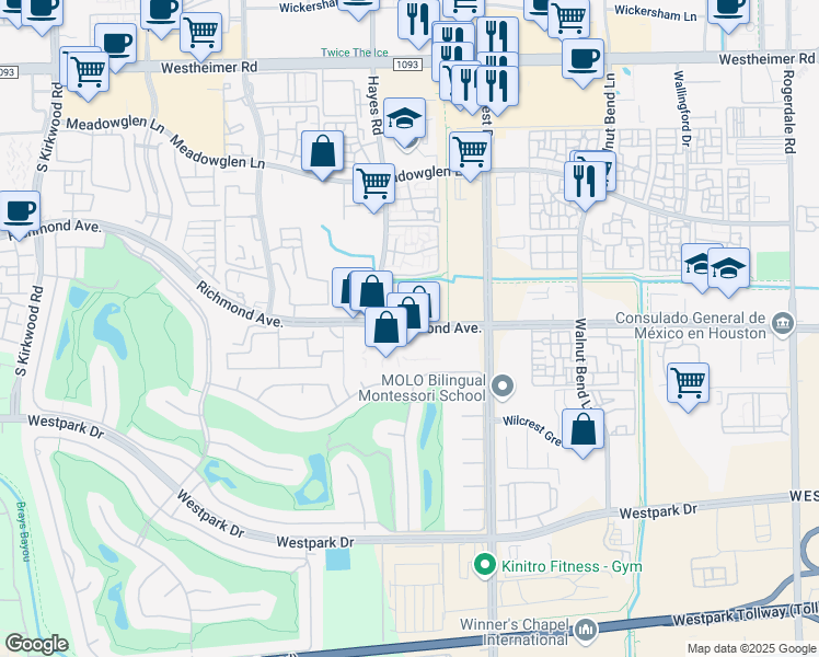 map of restaurants, bars, coffee shops, grocery stores, and more near 11241 Richmond Avenue in Houston