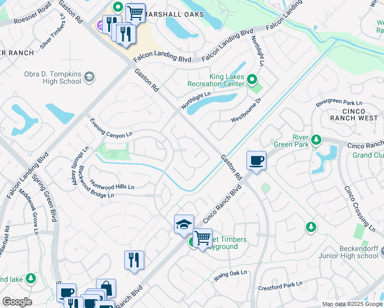 map of restaurants, bars, coffee shops, grocery stores, and more near 4715 Ambrosia Springs Lane in Katy
