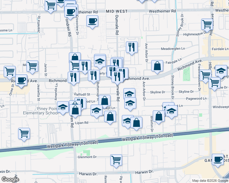 map of restaurants, bars, coffee shops, grocery stores, and more near 3504 Dunvale Road in Houston