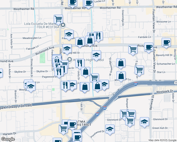 map of restaurants, bars, coffee shops, grocery stores, and more near 6353 Skyline Drive in Houston