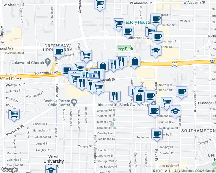 map of restaurants, bars, coffee shops, grocery stores, and more near 5151 Buffalo Speedway in Houston