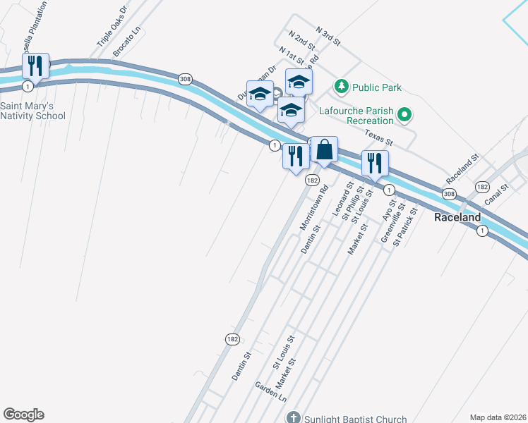 map of restaurants, bars, coffee shops, grocery stores, and more near 206 Wilson Street in Raceland
