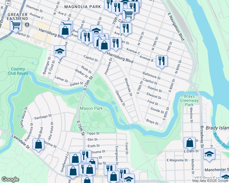map of restaurants, bars, coffee shops, grocery stores, and more near 146 Glendale Street in Houston