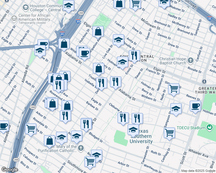 map of restaurants, bars, coffee shops, grocery stores, and more near 2910 Truxillo Street in Houston