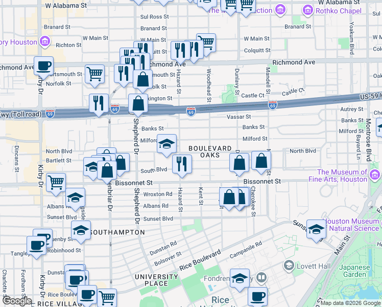 map of restaurants, bars, coffee shops, grocery stores, and more near 1920 South Boulevard in Houston