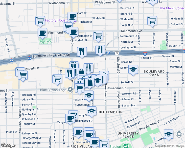 map of restaurants, bars, coffee shops, grocery stores, and more near 2347 Bartlett Street in Houston