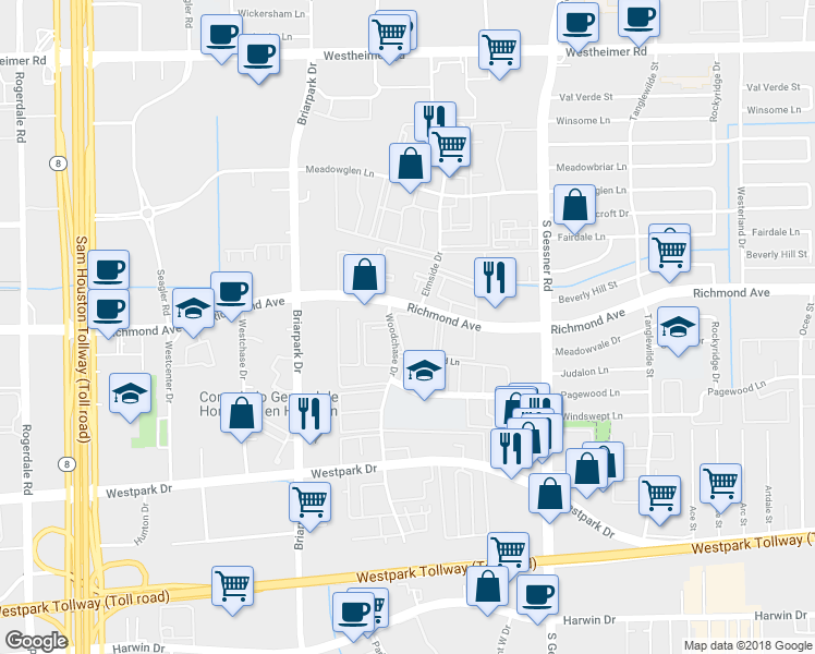 map of restaurants, bars, coffee shops, grocery stores, and more near 9921 Pagewood Lane in Houston
