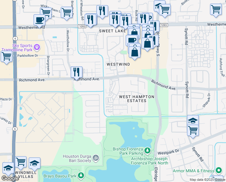map of restaurants, bars, coffee shops, grocery stores, and more near 3104 Windchase Boulevard in Houston
