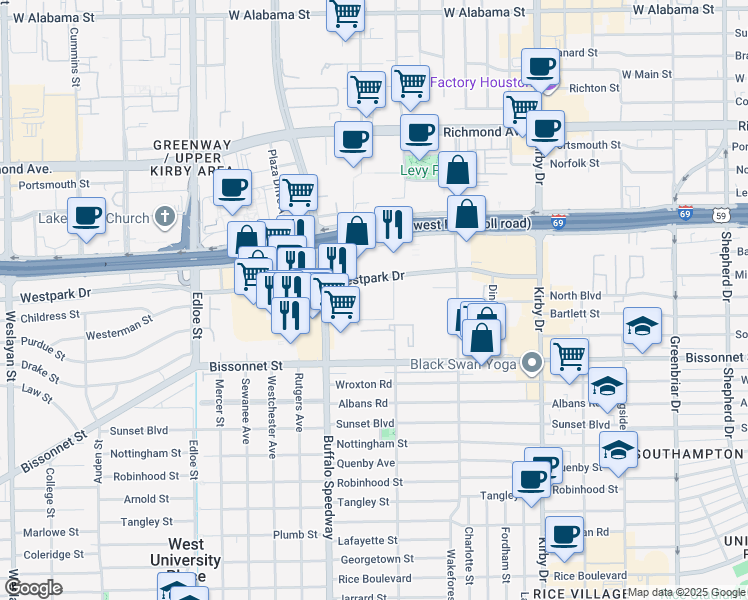 map of restaurants, bars, coffee shops, grocery stores, and more near 5151 Buffalo Speedway in Houston