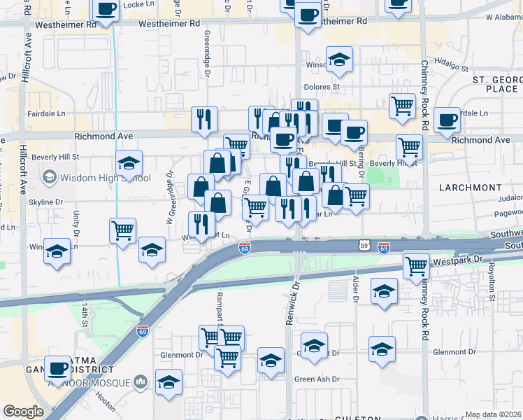 map of restaurants, bars, coffee shops, grocery stores, and more near 6060 Southwest Freeway in Houston
