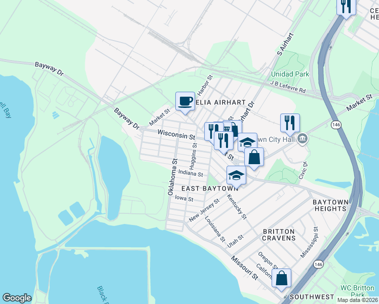 map of restaurants, bars, coffee shops, grocery stores, and more near 3205 Illinois Street in Baytown