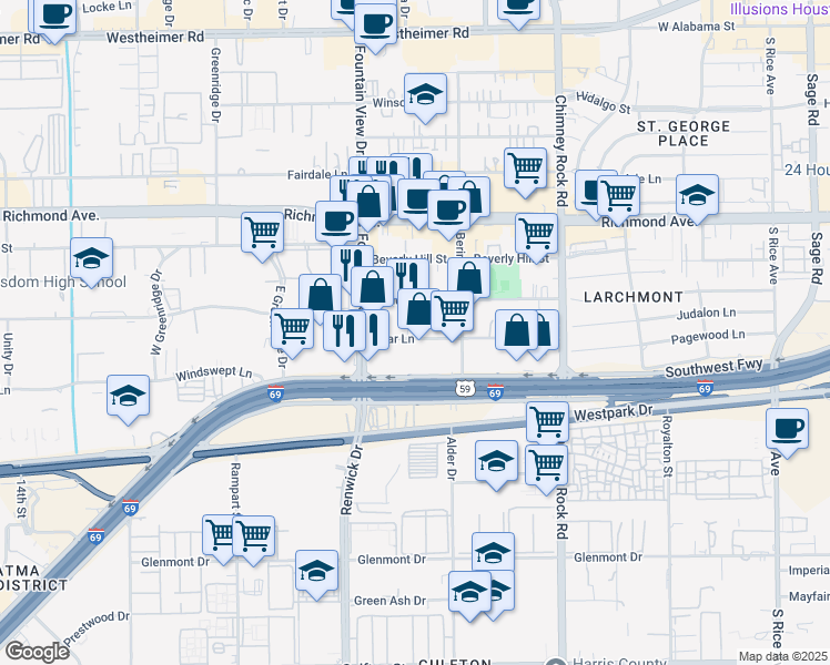 map of restaurants, bars, coffee shops, grocery stores, and more near 5907 Star Lane in Houston