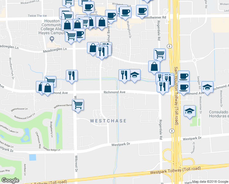 map of restaurants, bars, coffee shops, grocery stores, and more near 10787 Richmond Avenue in Houston