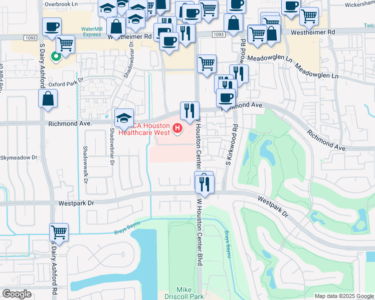 map of restaurants, bars, coffee shops, grocery stores, and more near 12606 West Houston Center Boulevard in Houston