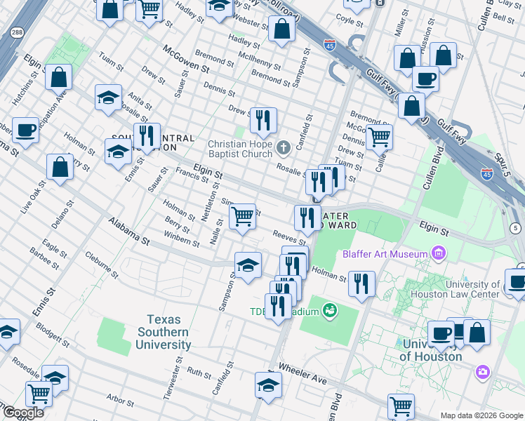 map of restaurants, bars, coffee shops, grocery stores, and more near 3413 Reeves Street in Houston