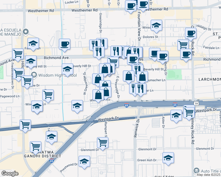 map of restaurants, bars, coffee shops, grocery stores, and more near 6111 Skyline Drive in Houston