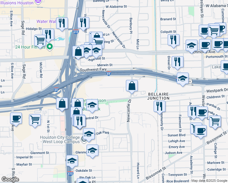 map of restaurants, bars, coffee shops, grocery stores, and more near 4655 Wild Indigo Street in Houston