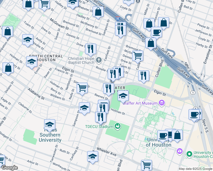 map of restaurants, bars, coffee shops, grocery stores, and more near in Houston