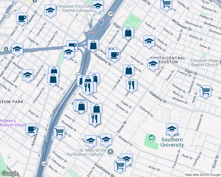 map of restaurants, bars, coffee shops, grocery stores, and more near 2421 Cleburne Street in Houston