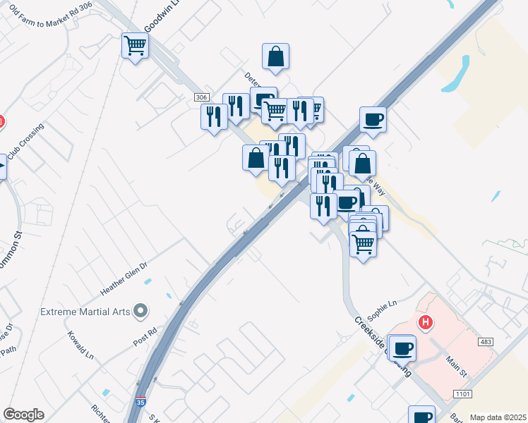 map of restaurants, bars, coffee shops, grocery stores, and more near 2349 Interstate 35 North Frontage Road in New Braunfels