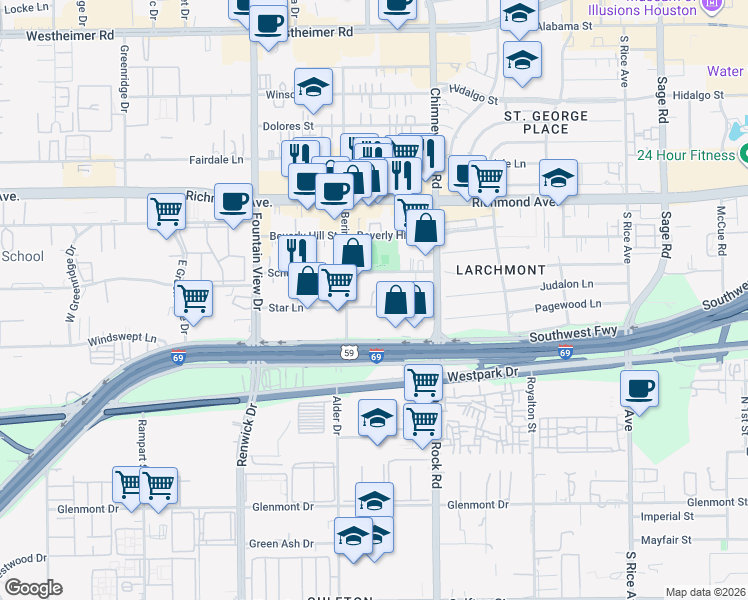 map of restaurants, bars, coffee shops, grocery stores, and more near 5709 Schumacher Lane in Houston