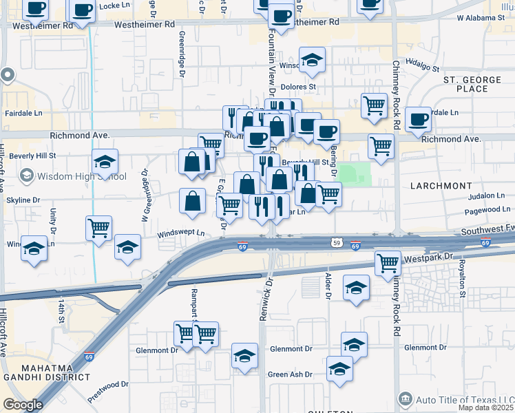 map of restaurants, bars, coffee shops, grocery stores, and more near 6000-6038 Skyline Drive in Houston