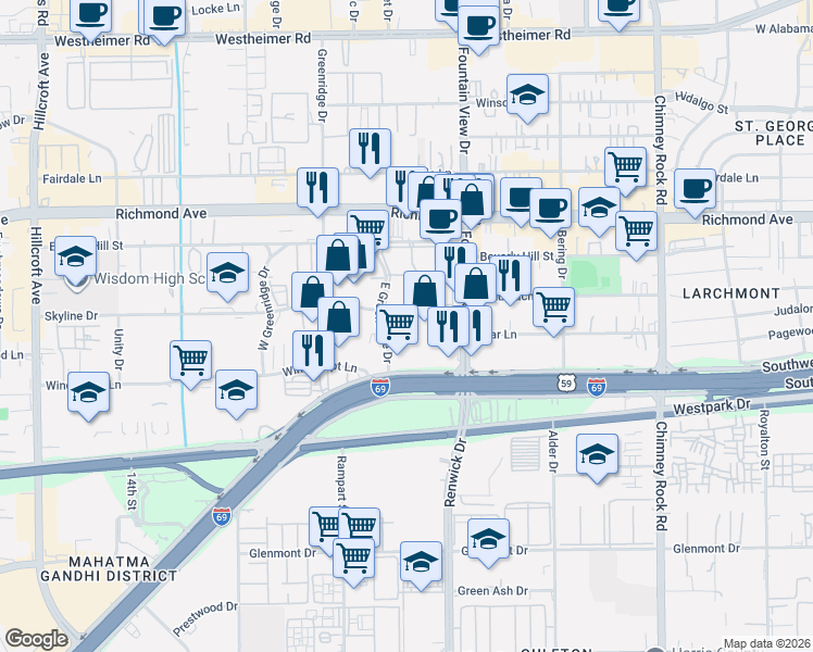 map of restaurants, bars, coffee shops, grocery stores, and more near 6029 Skyline Drive in Houston