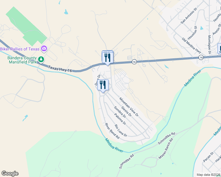 map of restaurants, bars, coffee shops, grocery stores, and more near 267 River Bend Drive in Bandera