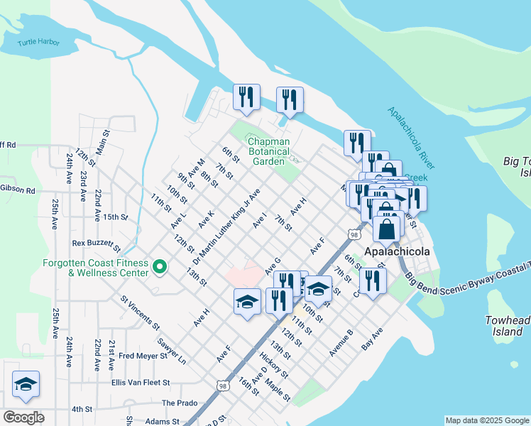 map of restaurants, bars, coffee shops, grocery stores, and more near 165 7th Street in Mexico Beach