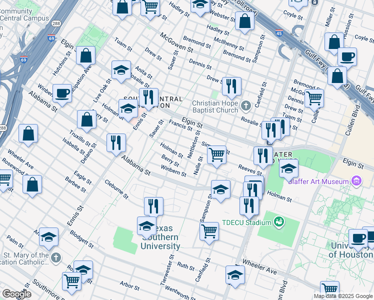 map of restaurants, bars, coffee shops, grocery stores, and more near 3278 Simmons Street in Houston