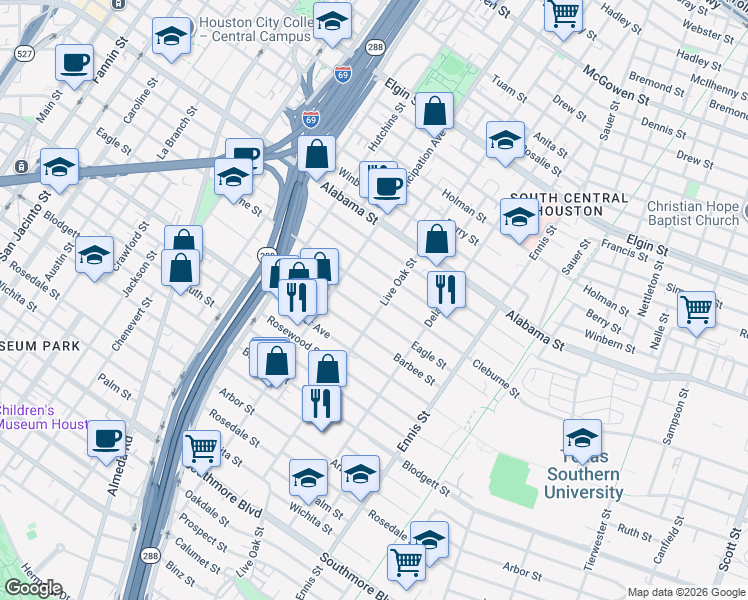 map of restaurants, bars, coffee shops, grocery stores, and more near 2421 Cleburne Street in Houston