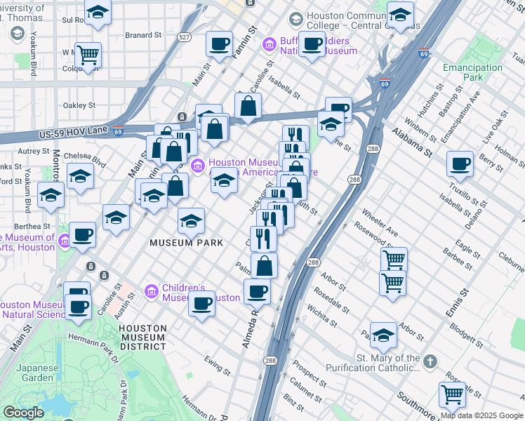 map of restaurants, bars, coffee shops, grocery stores, and more near 4702 Jackson Street in Houston